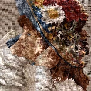 Vintage Finished Needlepoint Tapestry Panel - Renoir Girl in a Bonnet (Unframed)